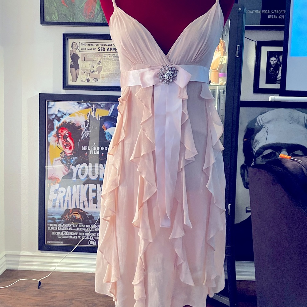 BCBGMAXAZRIA Pink ruffle cocktail dress.